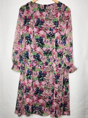 Floral Long Sleeve Midi Dress in Pink & Green